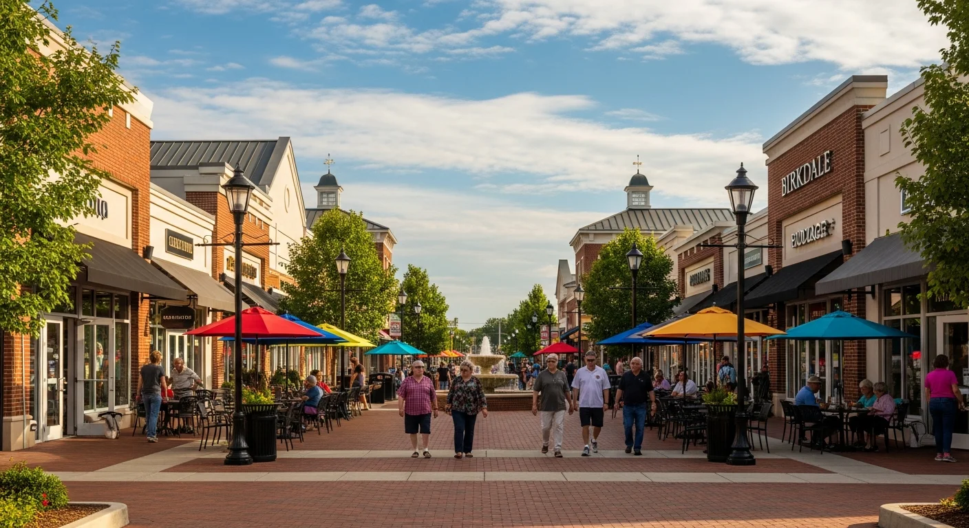 Birkdale Village mixed-use commercial center in Huntersville NC with retail storefronts and pedestrian walkways