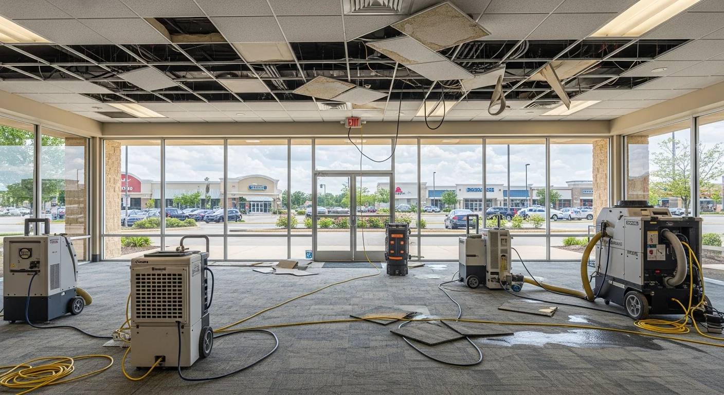 Palm Build commercial restoration team responding to water damage at a Huntersville NC retail property with professional extraction equipment deployed