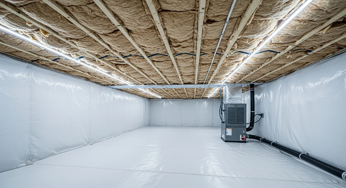 Completed crawl space encapsulation in a Huntersville NC home showing heavy-duty reinforced vapor barrier sealed to foundation walls and commercial dehumidifier