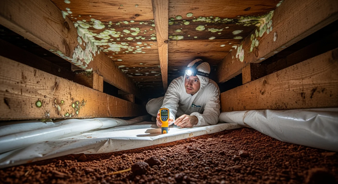 Restoration technician in Tyvek suit inspecting moisture and mold on floor joists inside a Huntersville NC crawl space with red Piedmont clay visible