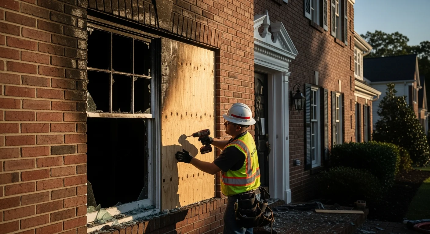 Emergency board-up and securing of a fire-damaged home in a Huntersville NC neighborhood