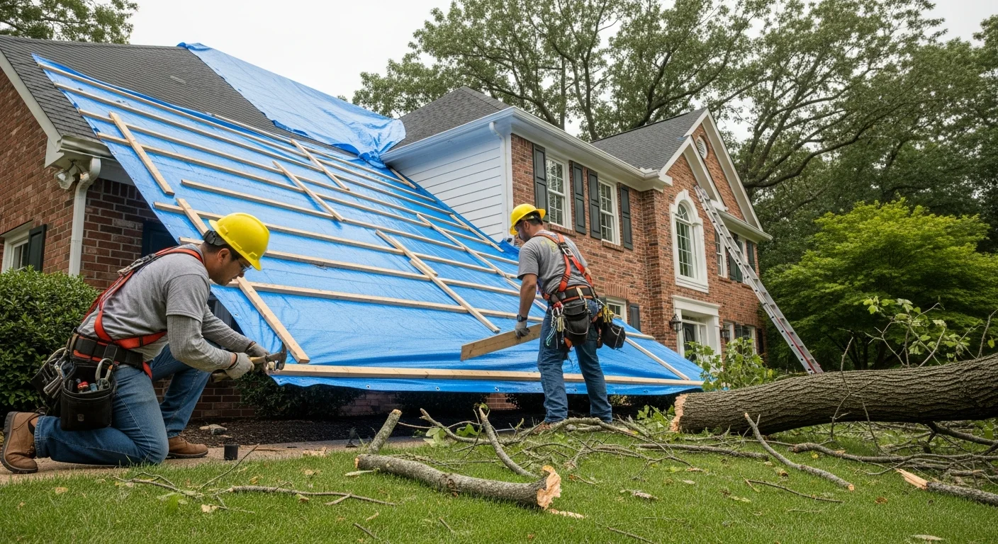Emergency roof tarping being performed on a storm-damaged home in Huntersville NC with heavy-duty polyethylene tarp secured to roof decking