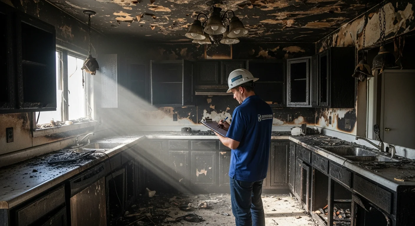 Palm Build fire restoration crew assessing smoke damage at an affluent brick colonial home in a Huntersville NC HOA neighborhood with mature landscaping