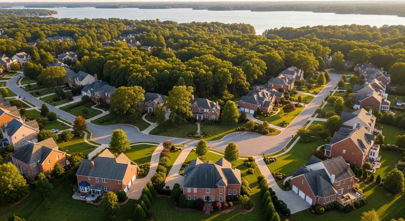 Aerial view of established Huntersville NC neighborhoods with dense mature tree canopy near Lake Norman showing the scale of storm-vulnerable residential areas