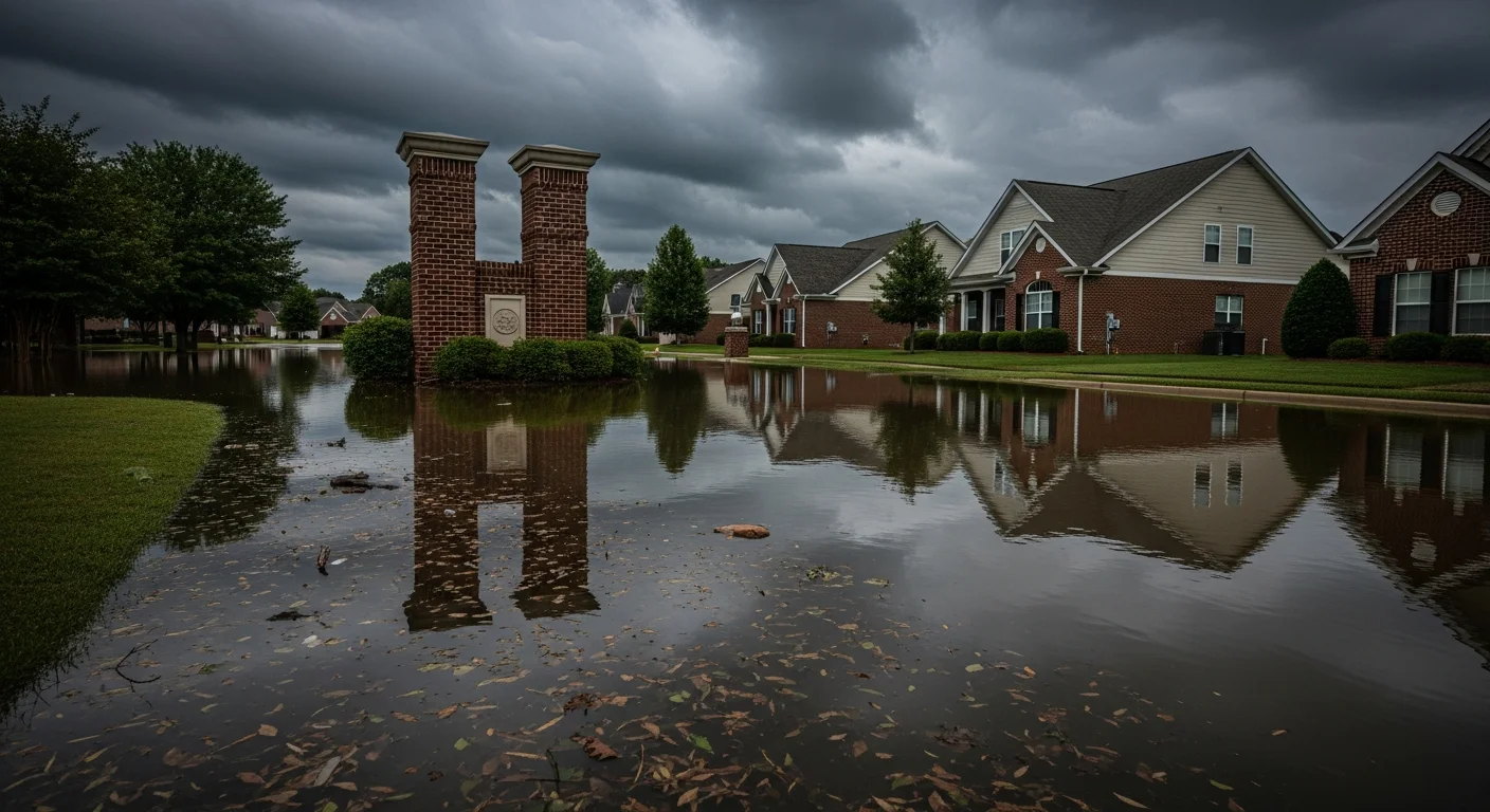 Flash flooding on a residential street in a Huntersville NC HOA neighborhood after severe thunderstorm with standing water across roadway