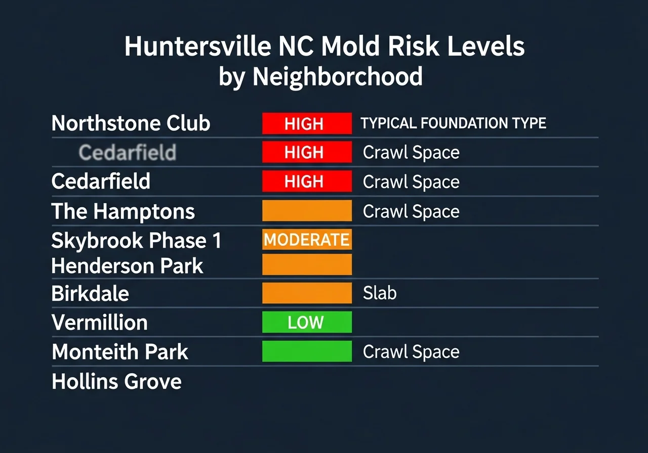 Huntersville NC seasonal mold risk calendar showing month-by-month mold growth patterns driven by humidity and rainfall