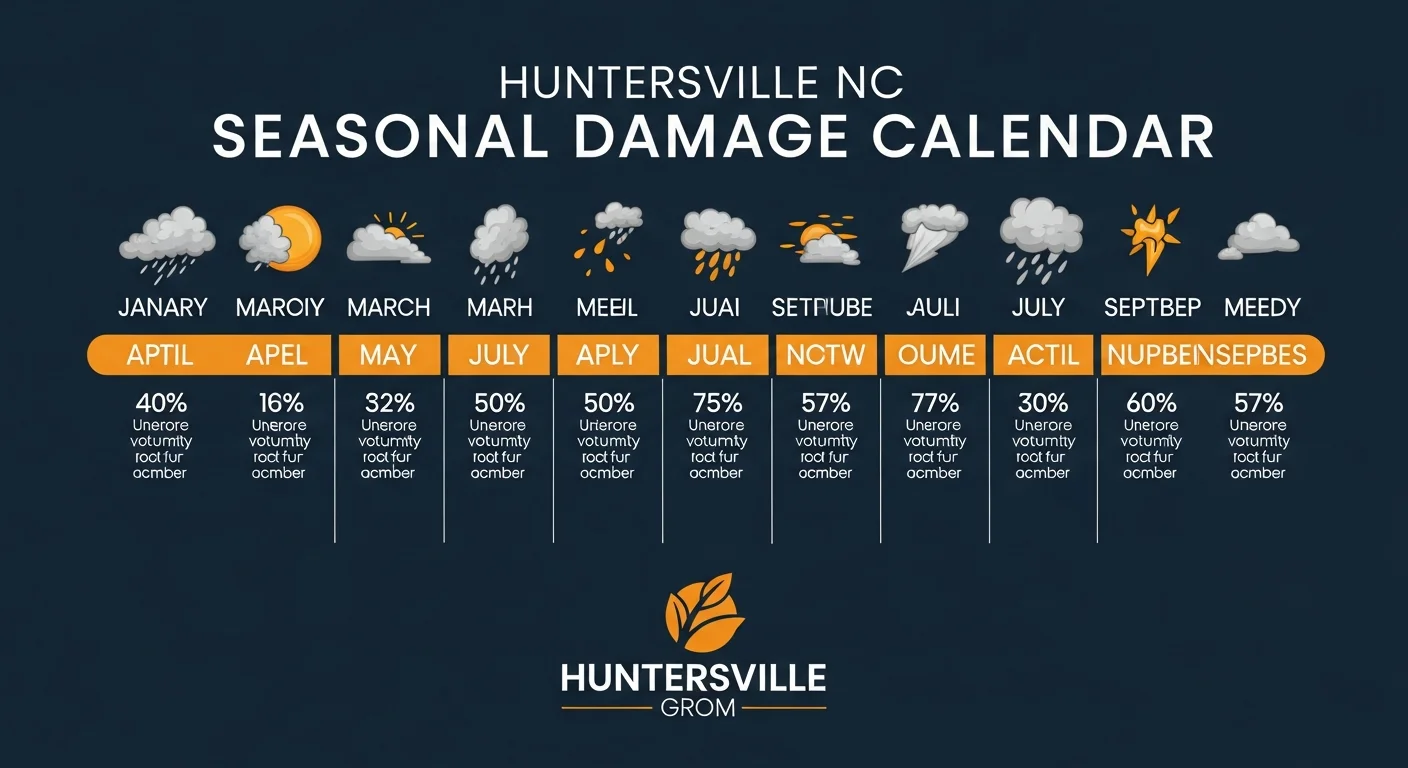 Huntersville NC seasonal water damage risk calendar showing month-by-month damage patterns