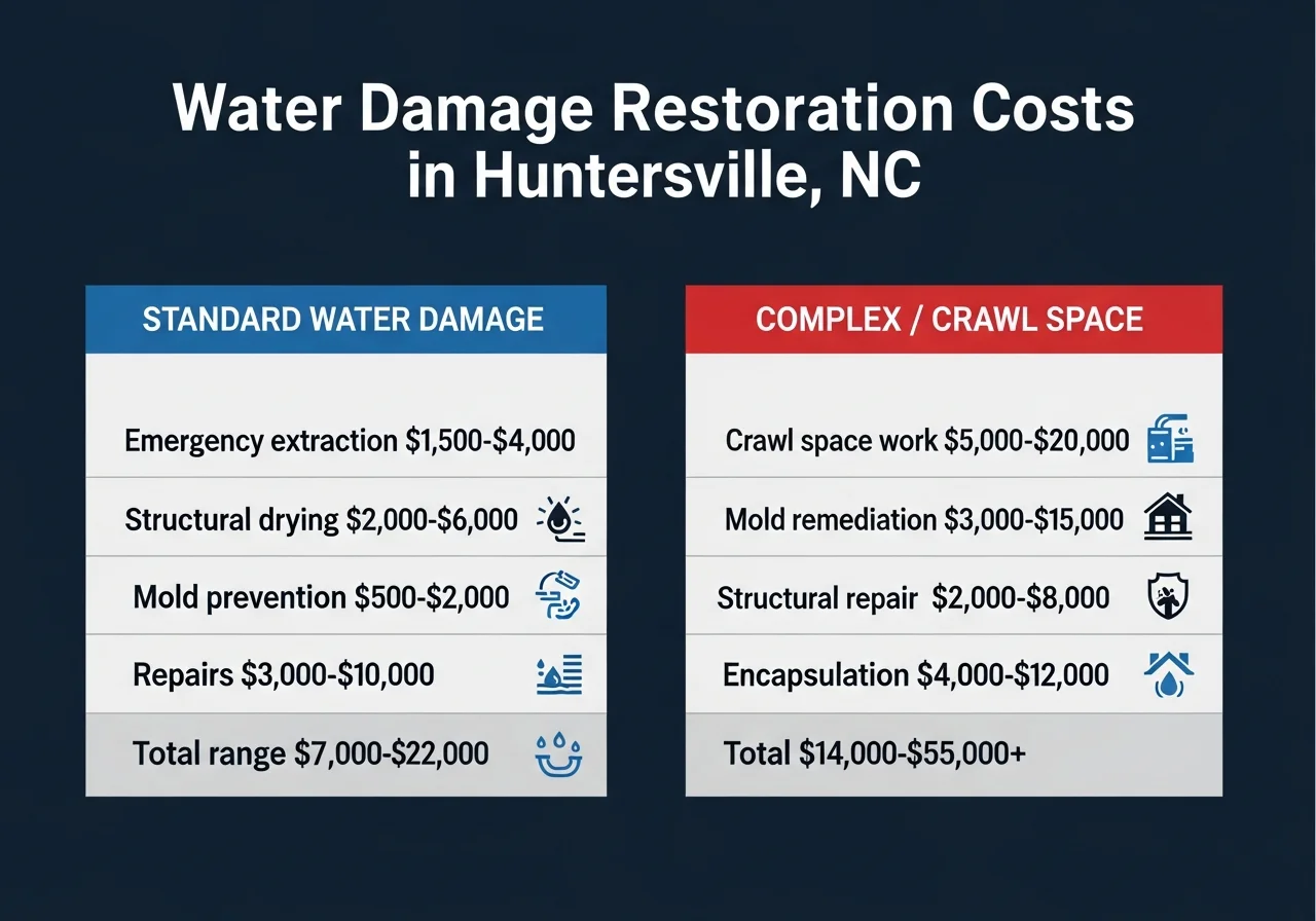 Infographic showing water damage restoration cost ranges in Huntersville NC