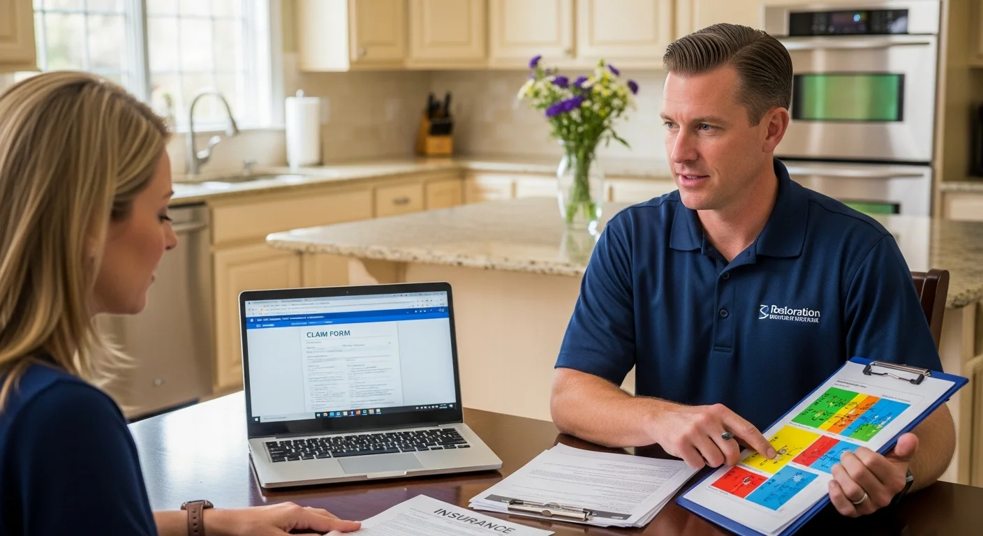 Palm Build project manager reviewing insurance documentation with a Huntersville NC homeowner during an insurance restoration consultation