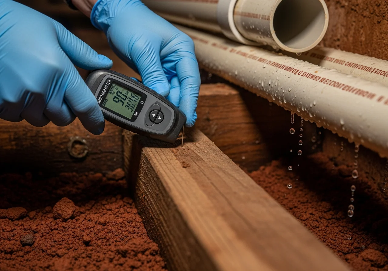 Close-up of professional pin-type moisture meter being used on floor joists during a Huntersville NC crawl space assessment