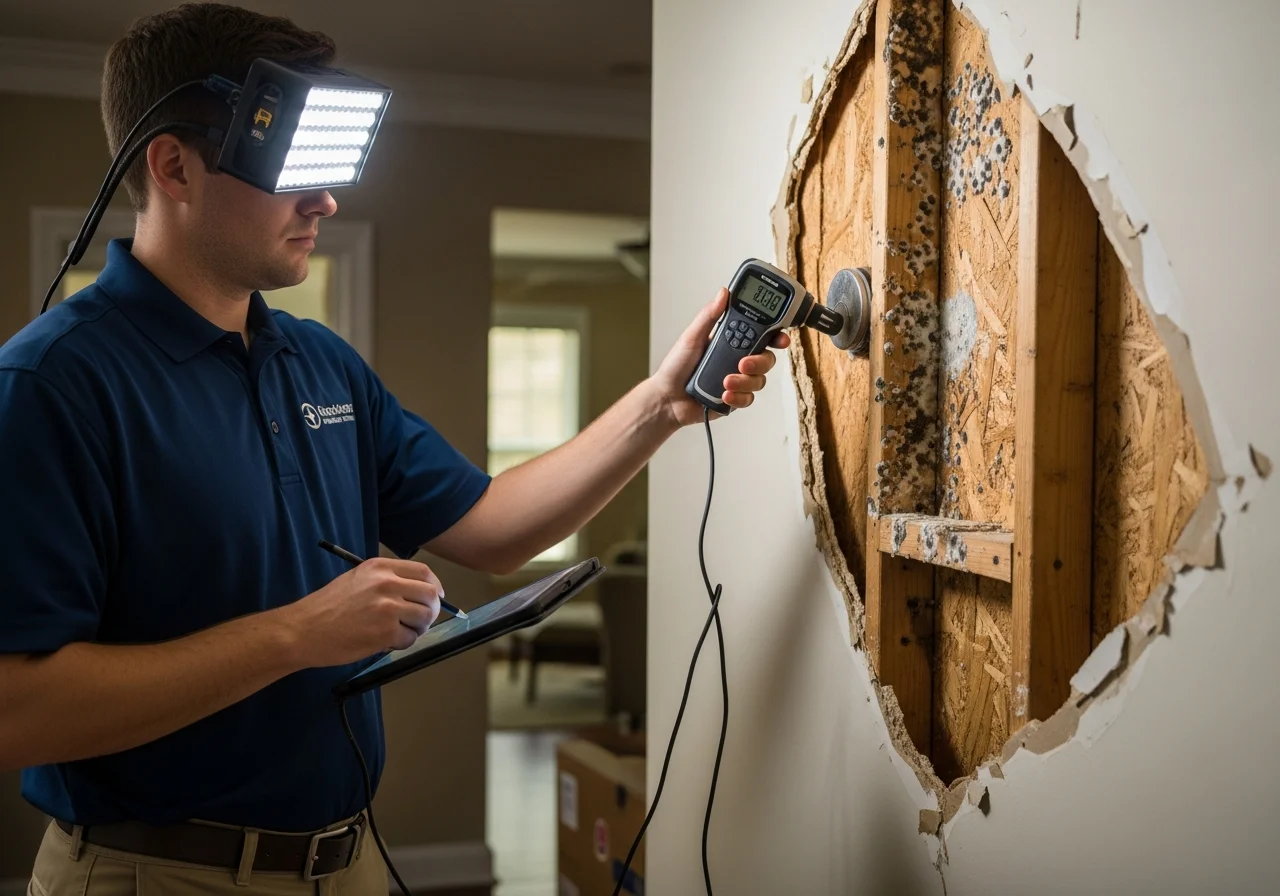 Palm Build technician conducting mold assessment and air quality testing inside a Huntersville NC home