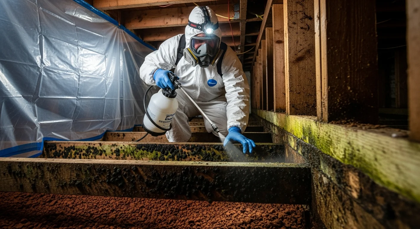 Palm Build mold remediation technician treating floor joists inside a Huntersville NC crawl space during IICRC S520-compliant remediation