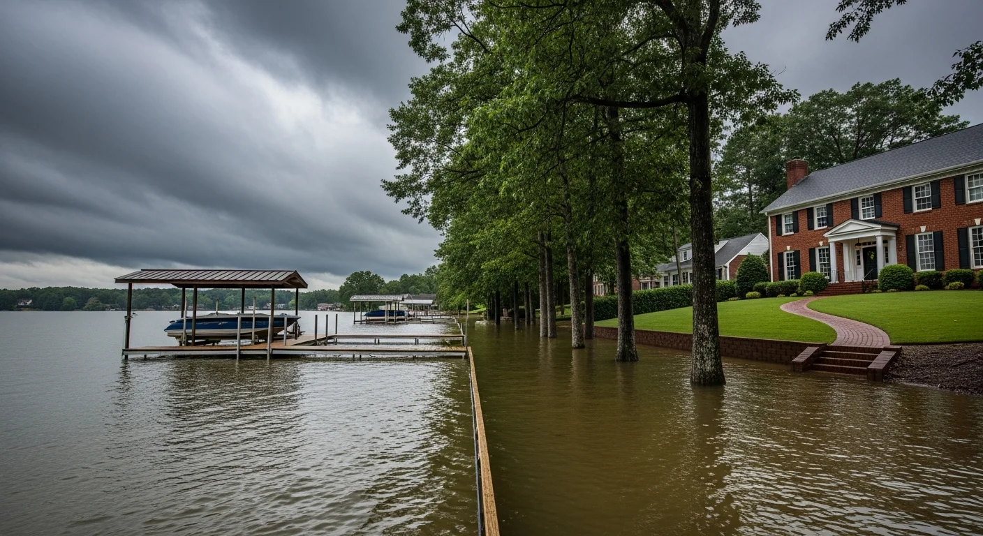 Mountain Island Lake floodwater reaching homes along the south Huntersville NC lakefront during Hurricane Helene September 2024