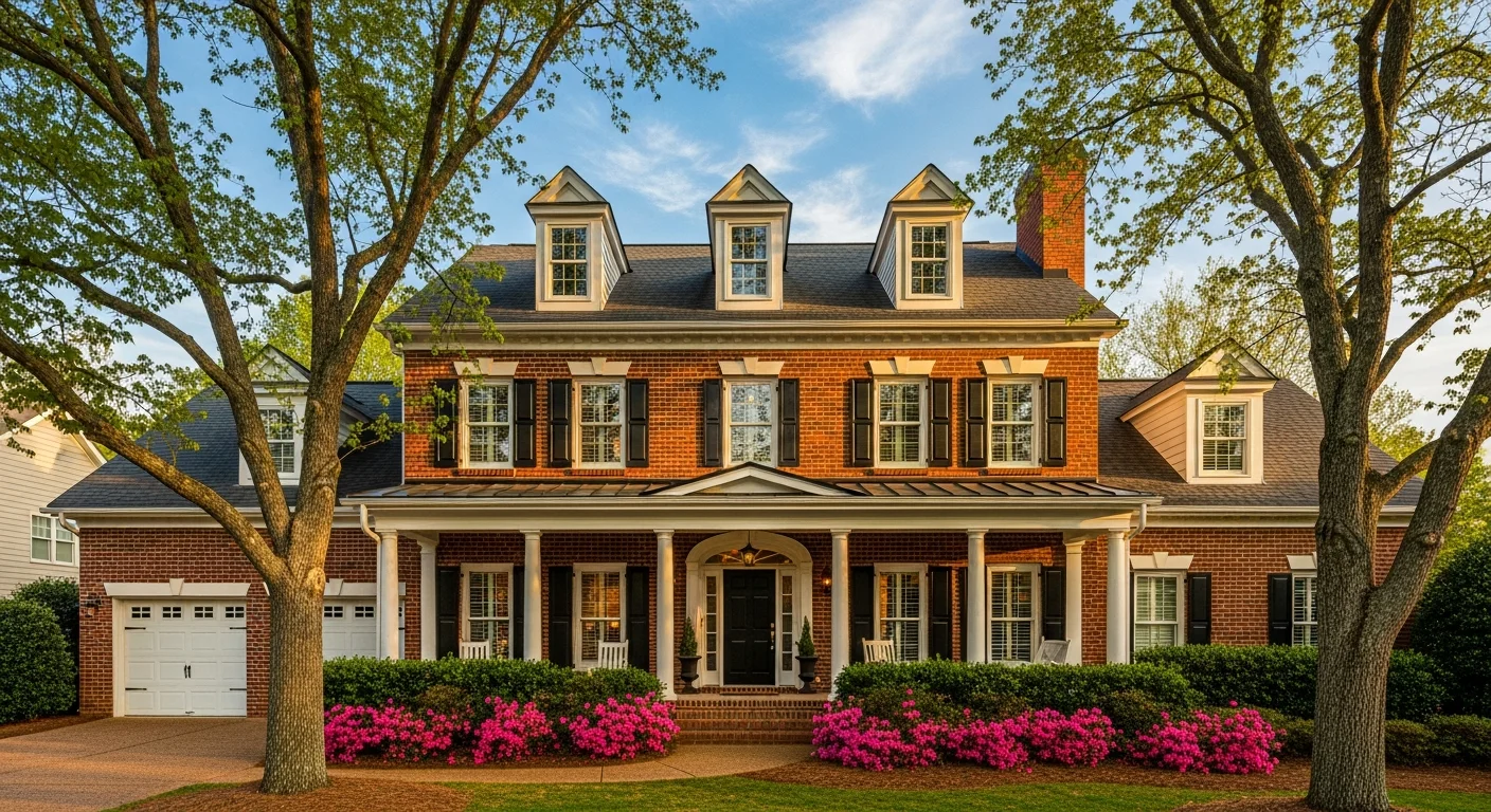 Traditional brick colonial home in the Northstone neighborhood of Huntersville NC with mature oak trees and manicured HOA landscaping