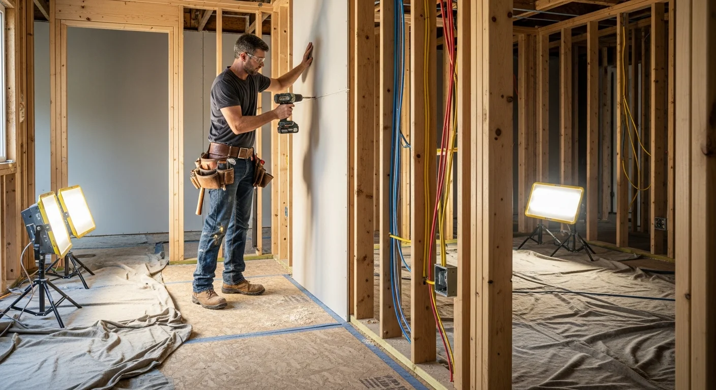 Professional drywall installation during reconstruction at a Huntersville NC home after water damage