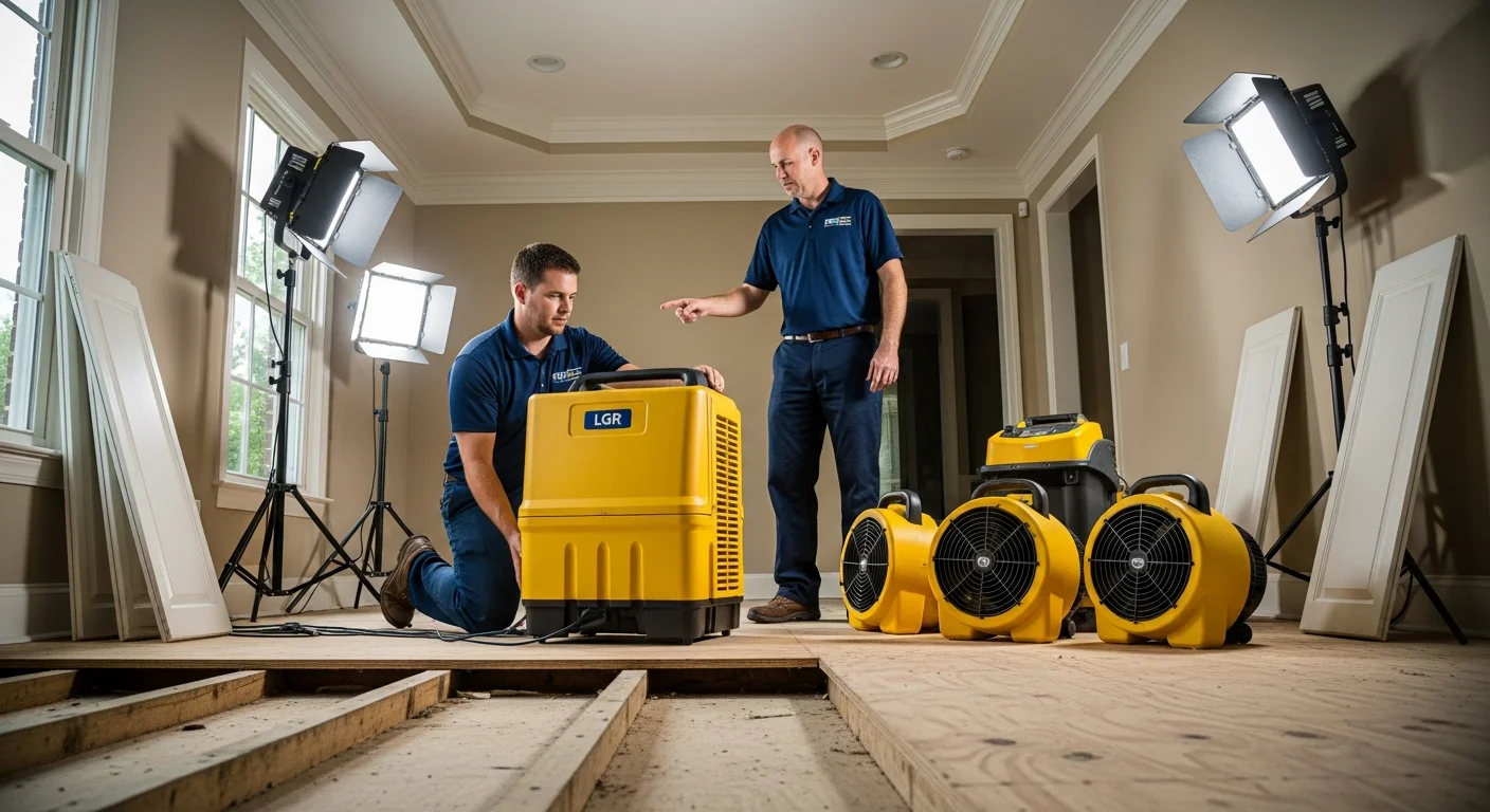 Palm Build restoration team with commercial drying equipment documented for insurance claims in a Huntersville NC home