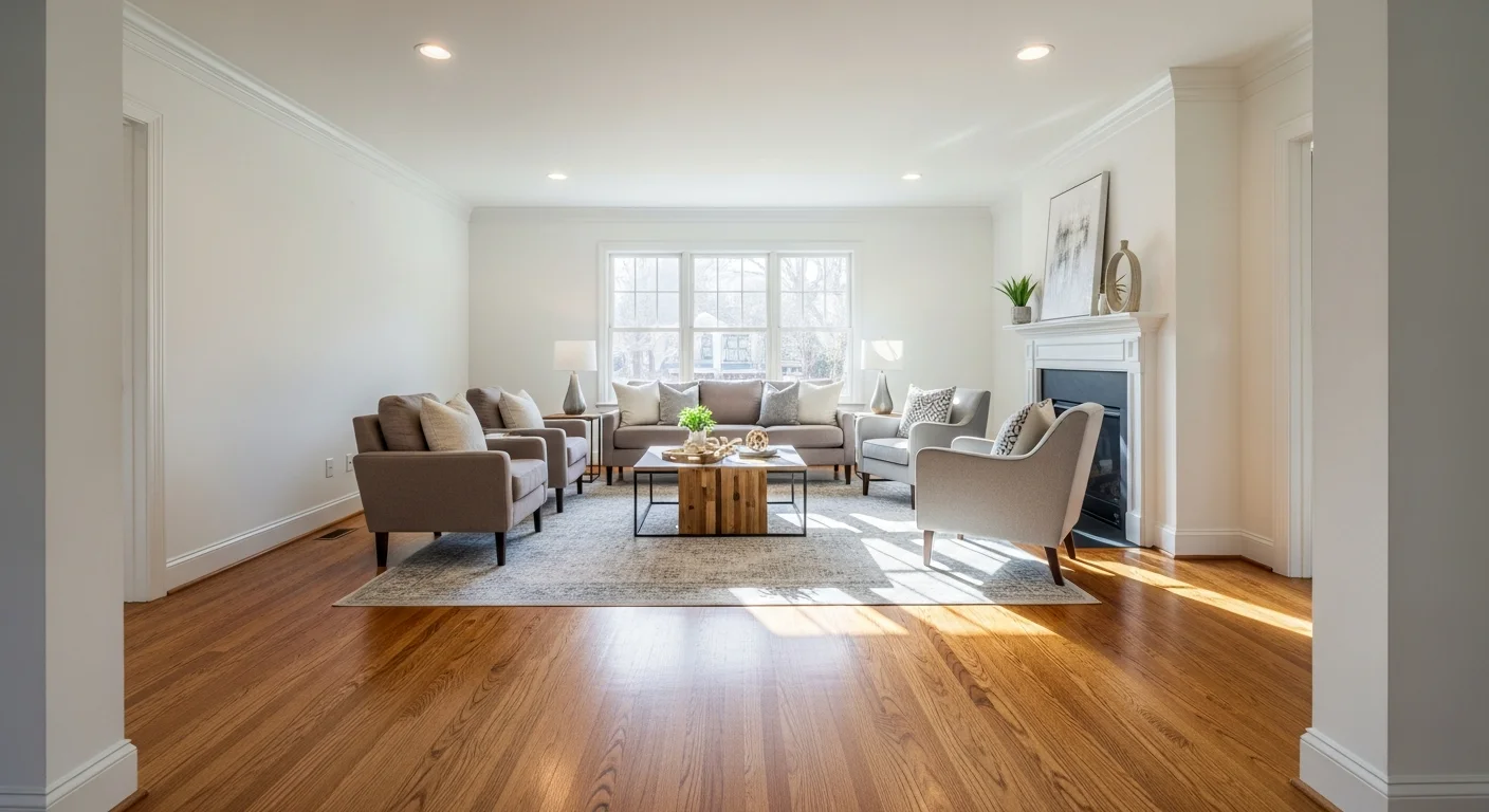 Beautifully restored living room with refinished hardwood floors in a Huntersville NC home after Palm Build reconstruction