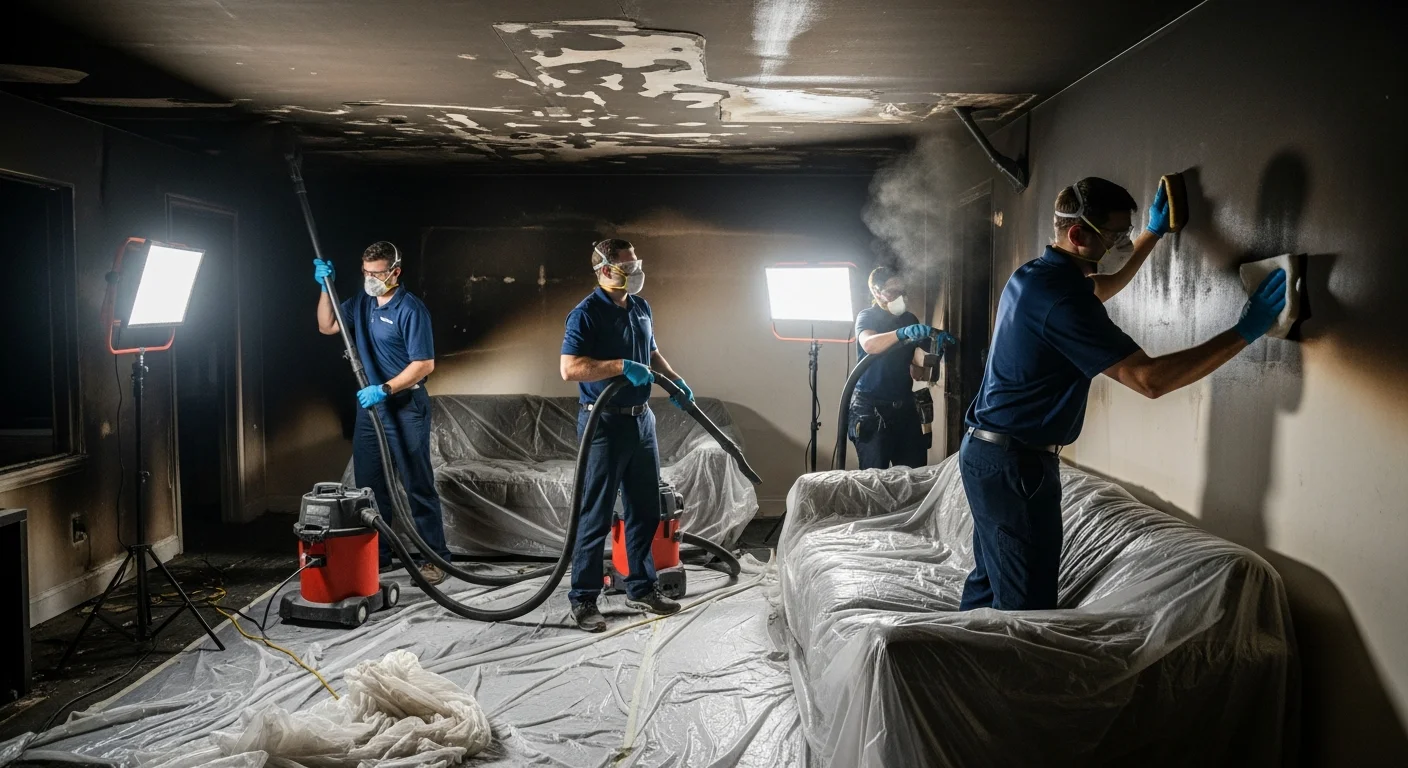 Palm Build technician in protective gear performing soot removal and cleaning on walls inside a fire-damaged Huntersville NC home