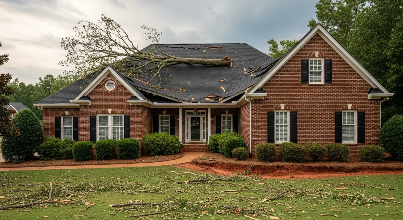 Massive oak tree uprooted by storm winds crashed onto the roof of a residential home in Huntersville North Carolina with damaged shingles and broken limbs visible