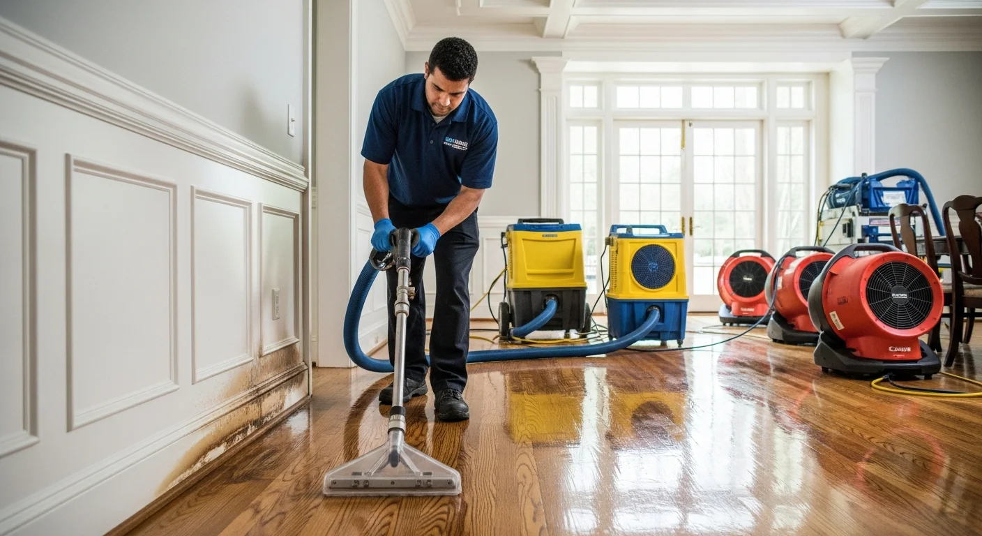Restoration technician performing water extraction on hardwood floors inside a Huntersville NC home