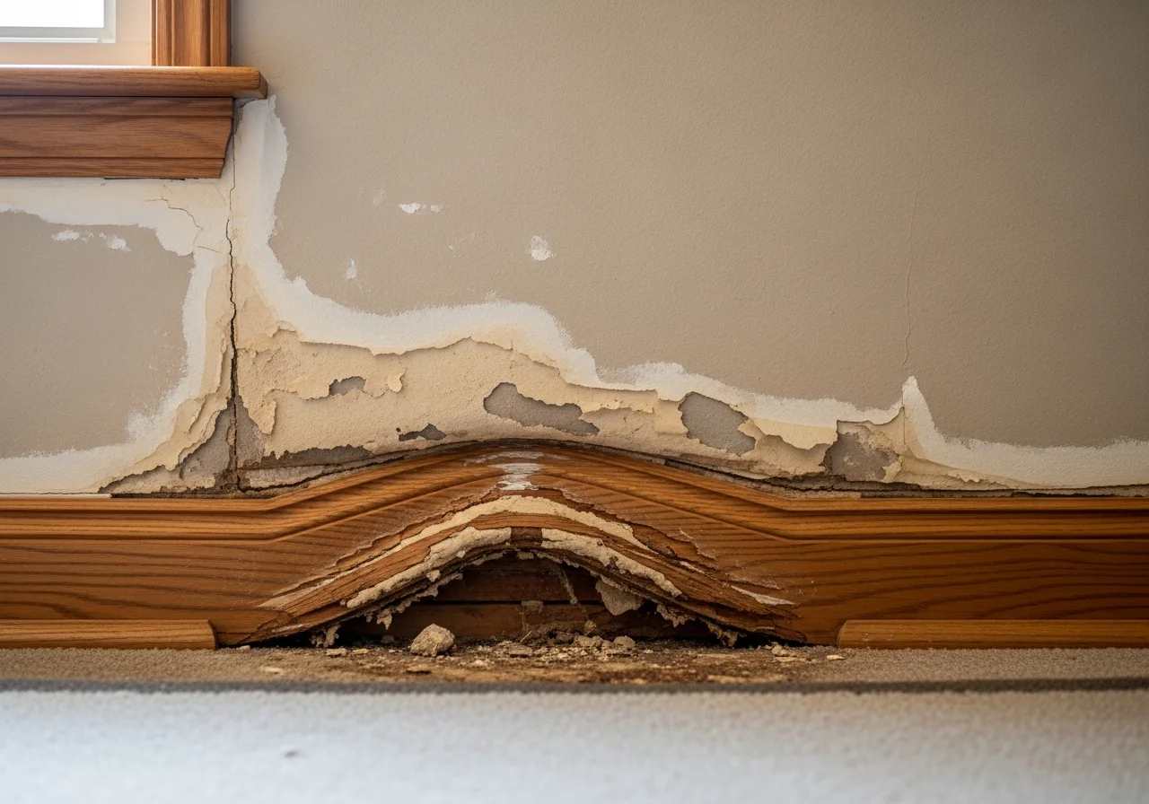 Water damage staining and moisture on drywall and baseboards in a Huntersville NC home before restoration