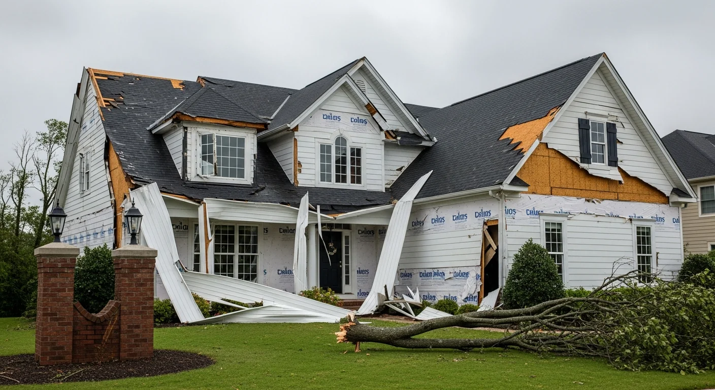 Wind damage to vinyl siding on a Huntersville NC home after severe thunderstorm showing torn and buckled panels with exposed house wrap