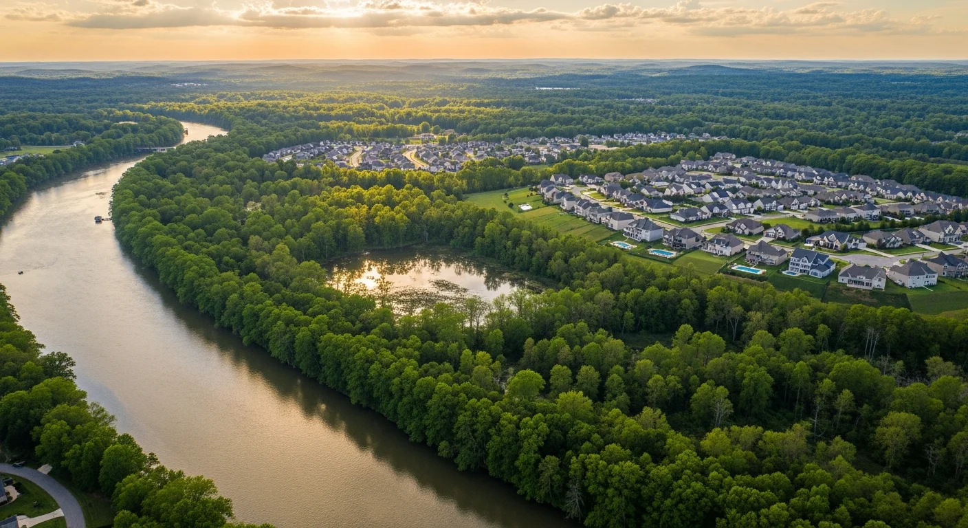 Aerial view of the Catawba River corridor near Indian Land South Carolina with suburban development and tree-lined banks