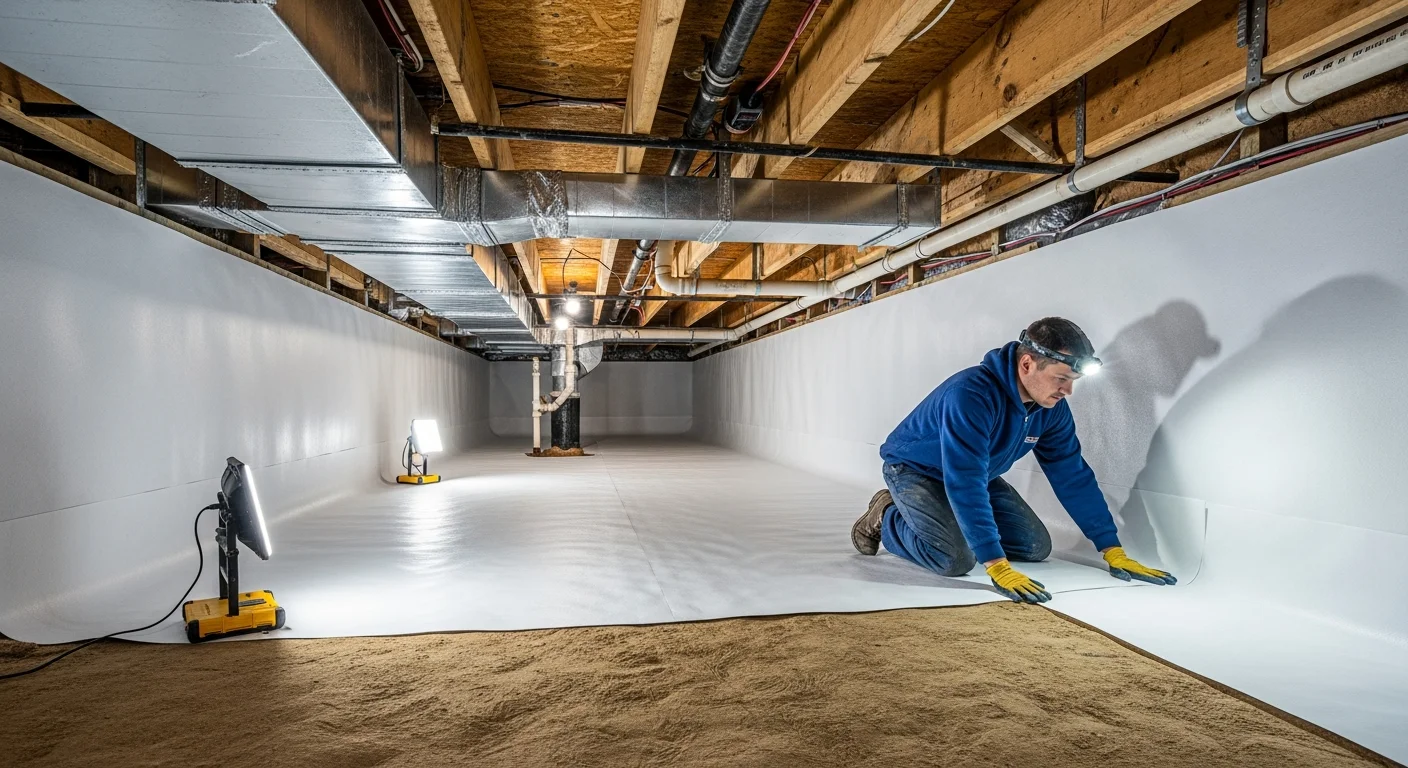 Completed crawl space encapsulation with white vapor barrier in Indian Land SC home