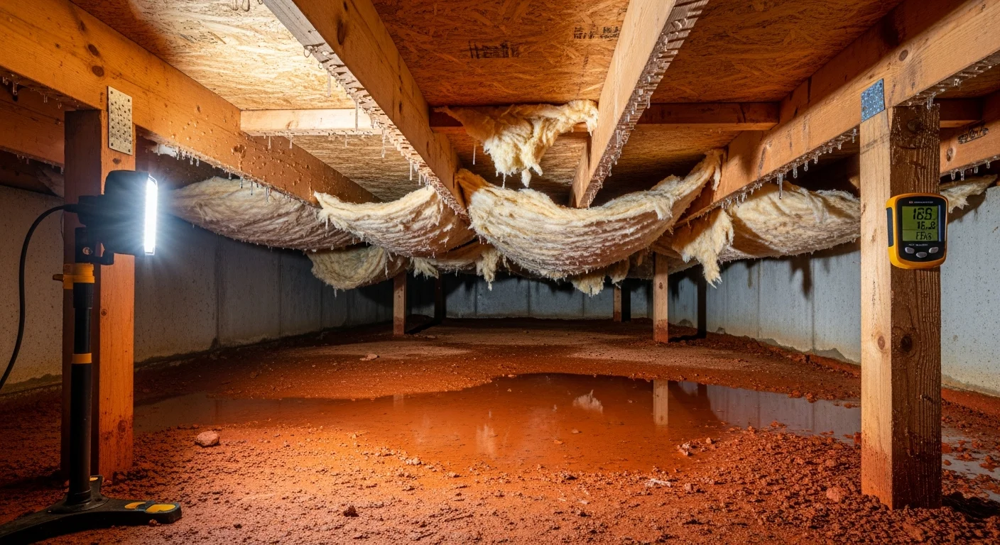 Moisture issues in a vented crawl space under an Indian Land SC home showing condensation on floor joists
