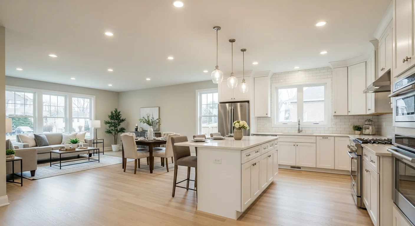 Completed interior reconstruction of an Indian Land SC home with new flooring, fresh paint, and restored finishes matching the original premium design