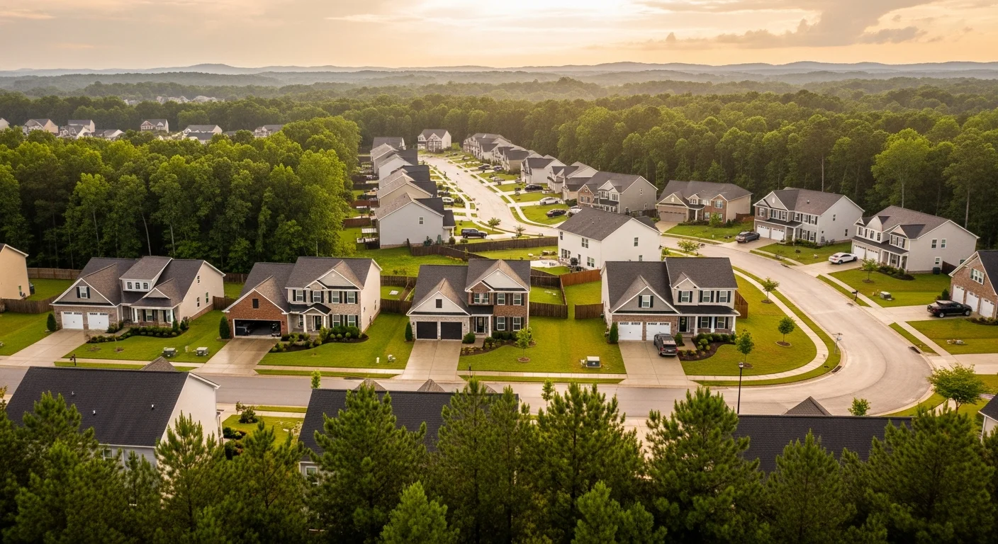 Modern suburban neighborhood in Indian Land, South Carolina at golden hour with two-story homes featuring brick veneer and mixed siding typical of the 29707 corridor