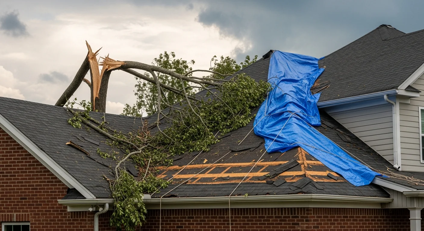 Storm-damaged roof shingles on an Indian Land SC home showing wind-lifted and missing asphalt shingles with exposed underlayment after severe weather