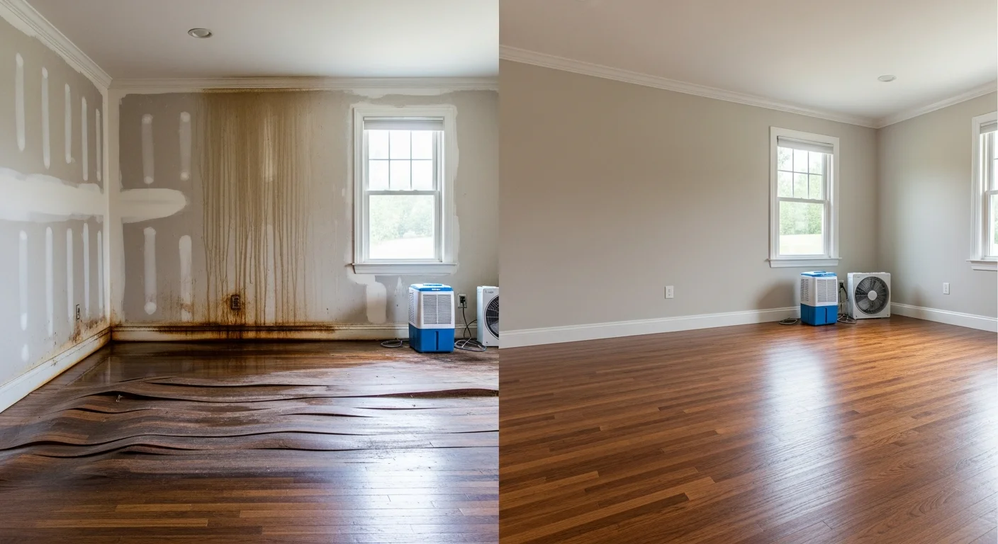 Before and after water damage restoration in an Indian Land SC home showing damaged hardwood floors restored to pristine condition