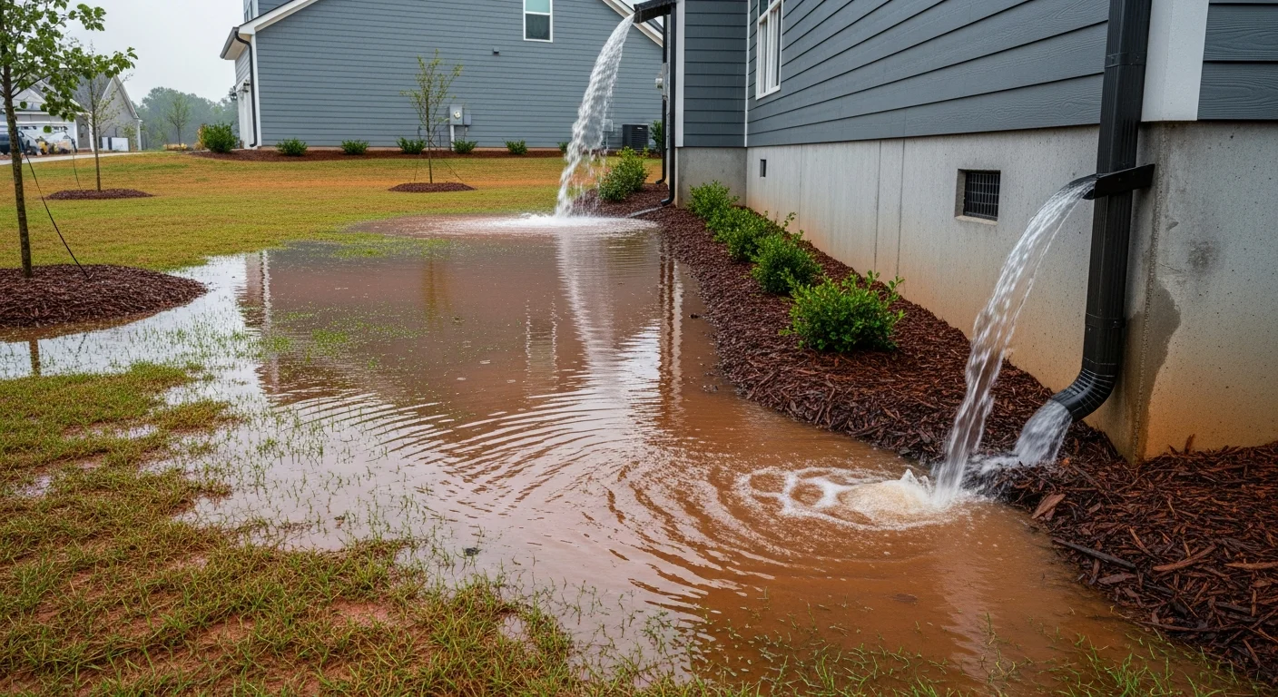 Water pooling against the foundation of a modern Indian Land SC home after heavy rain with red clay soil visible
