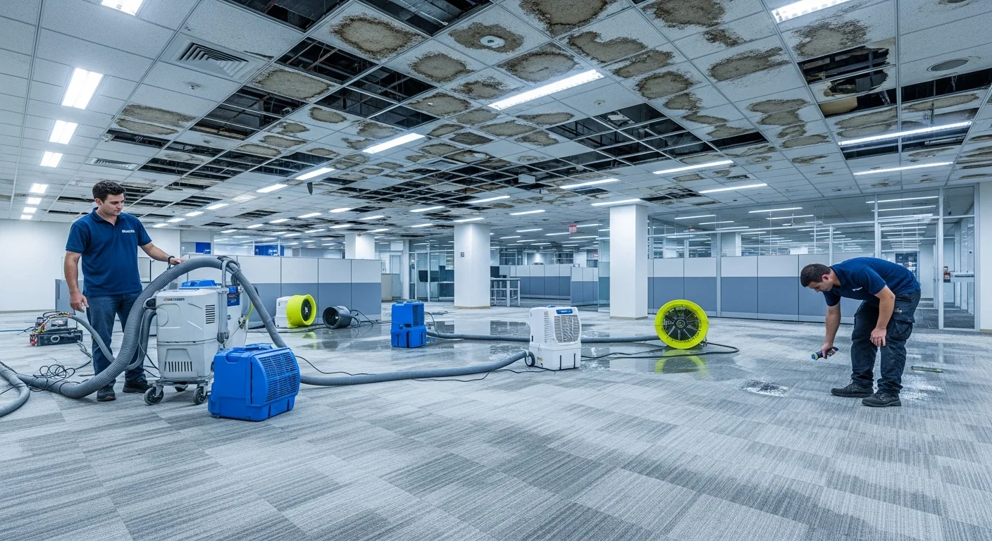 Palm Build commercial restoration team responding to a commercial property in Indian Land, South Carolina with professional equipment staged at the entrance