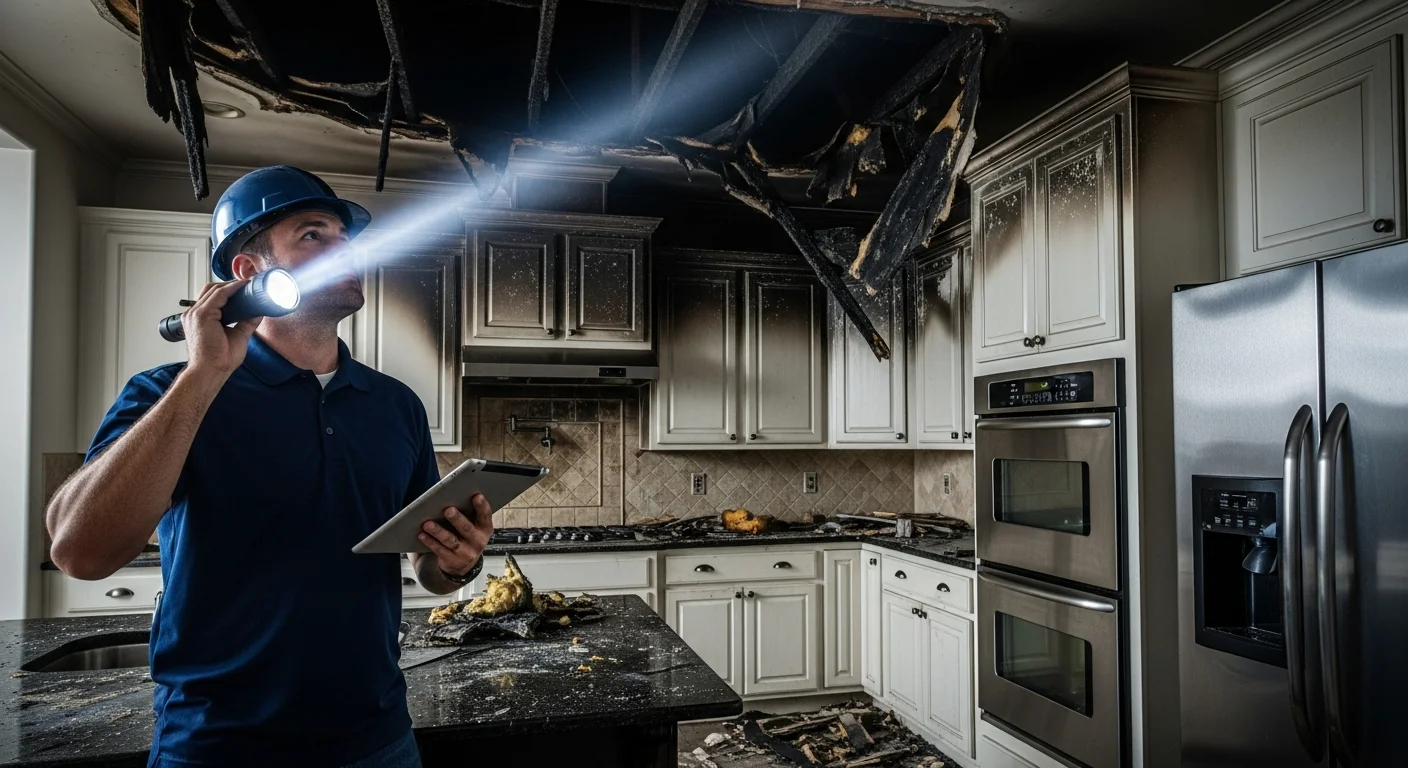 Palm Build restoration technician assessing fire and smoke damage inside an Indian Land South Carolina home with professional equipment