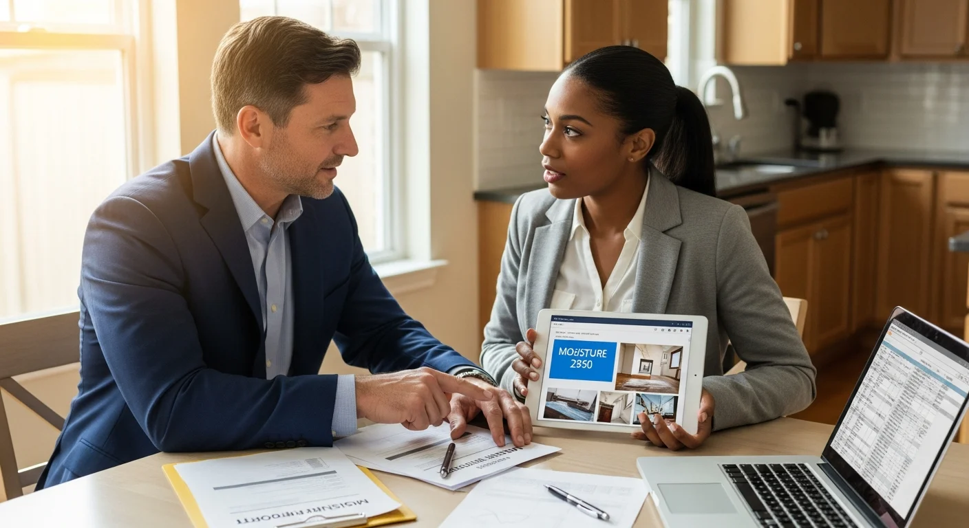 Palm Build insurance claims specialist reviewing restoration documentation with an Indian Land SC homeowner, moisture mapping reports and thermal imaging printouts visible on table