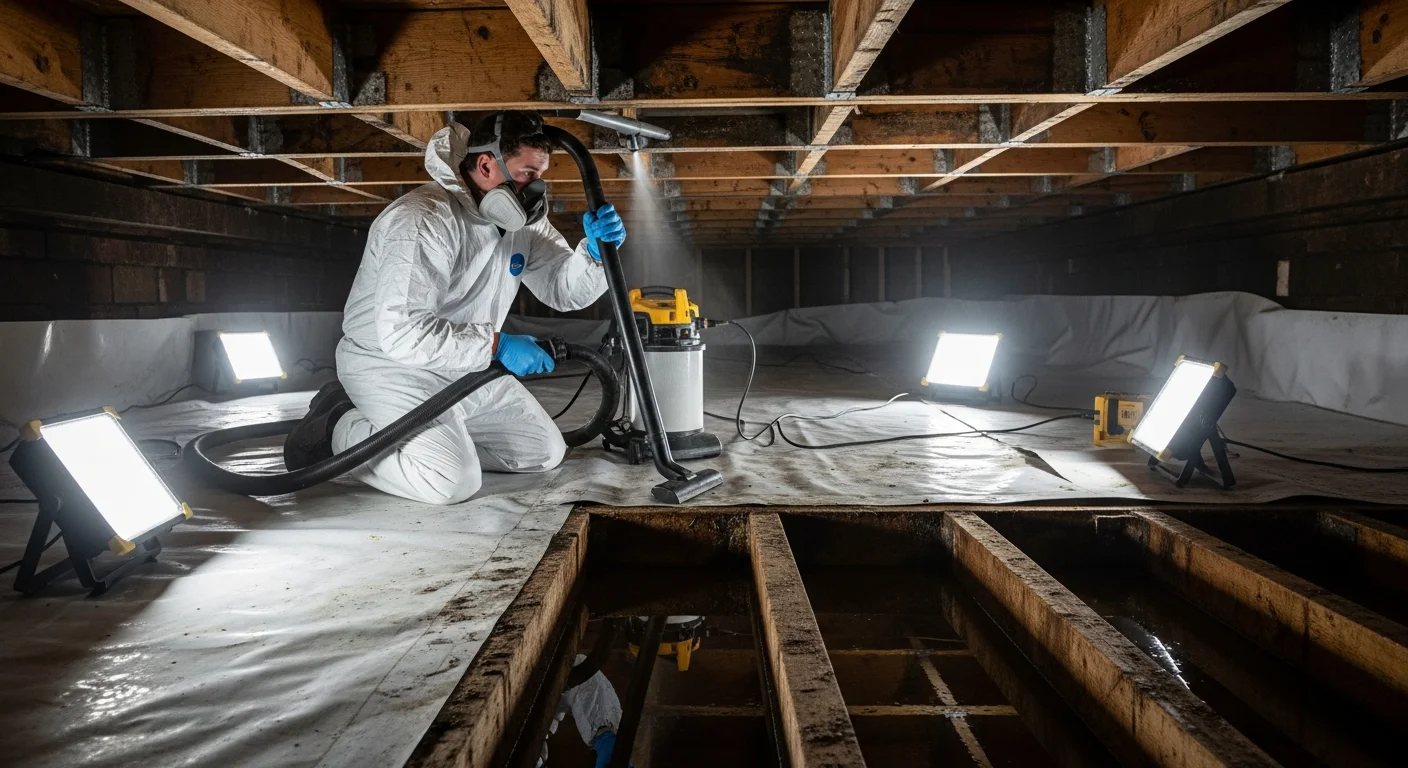 IICRC-certified mold remediation technician inspecting crawl space moisture and mold growth in an Indian Land SC home with Piedmont clay soil visible