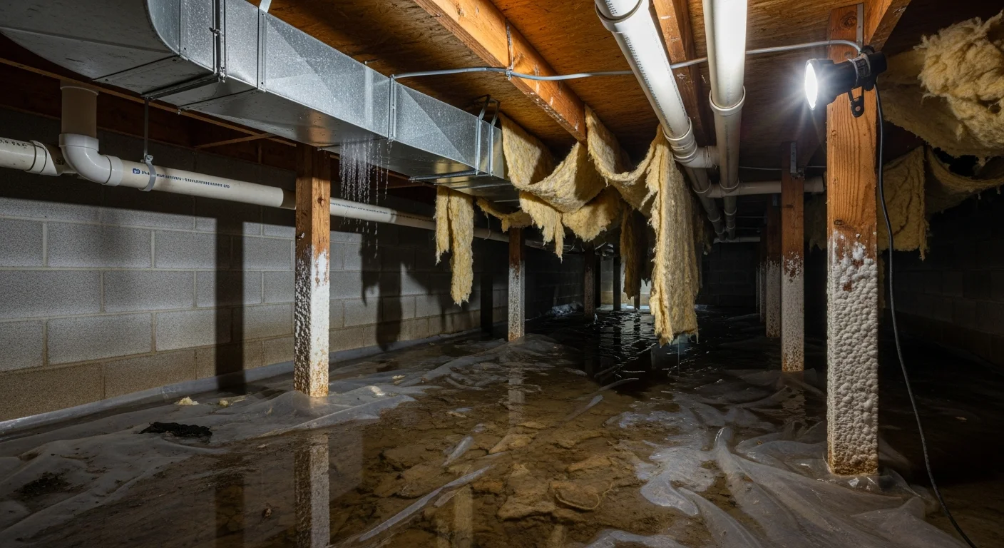 Crawl space moisture problems in an Indian Trail NC home showing degraded vapor barrier