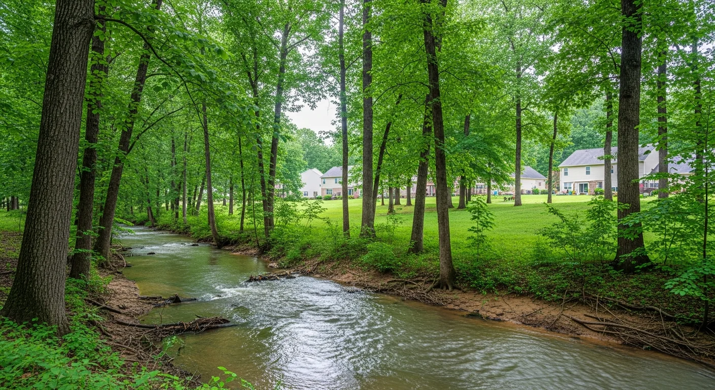 Crooked Creek waterway flowing through Indian Trail NC residential area with surrounding trees and homes