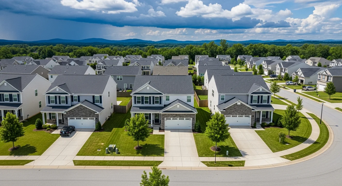 Aerial view of suburban residential neighborhoods in Indian Trail NC showing dense housing development on Piedmont clay soil