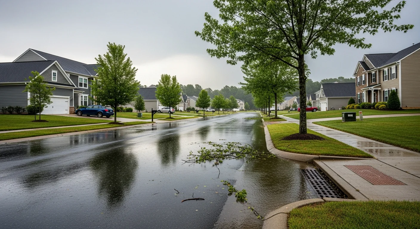 Indian Trail NC street with storm debris and fallen branches