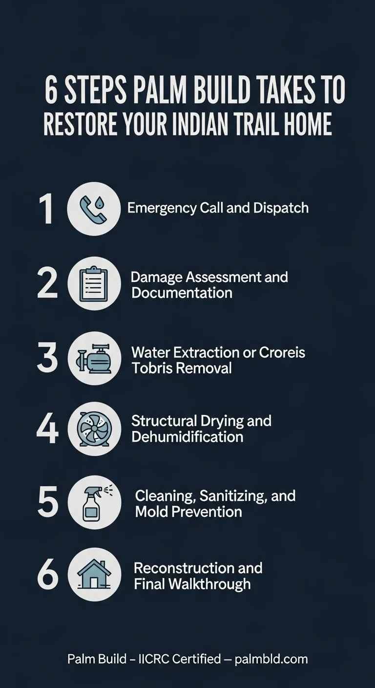 Infographic showing Palm Build's 6-step water damage restoration process for Indian Trail NC homes
