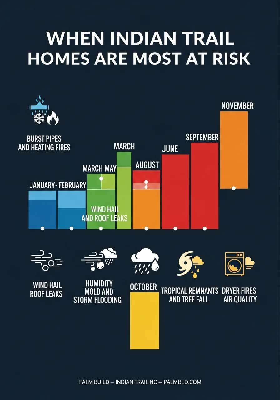 Indian Trail NC seasonal water damage risk calendar showing month-by-month damage patterns