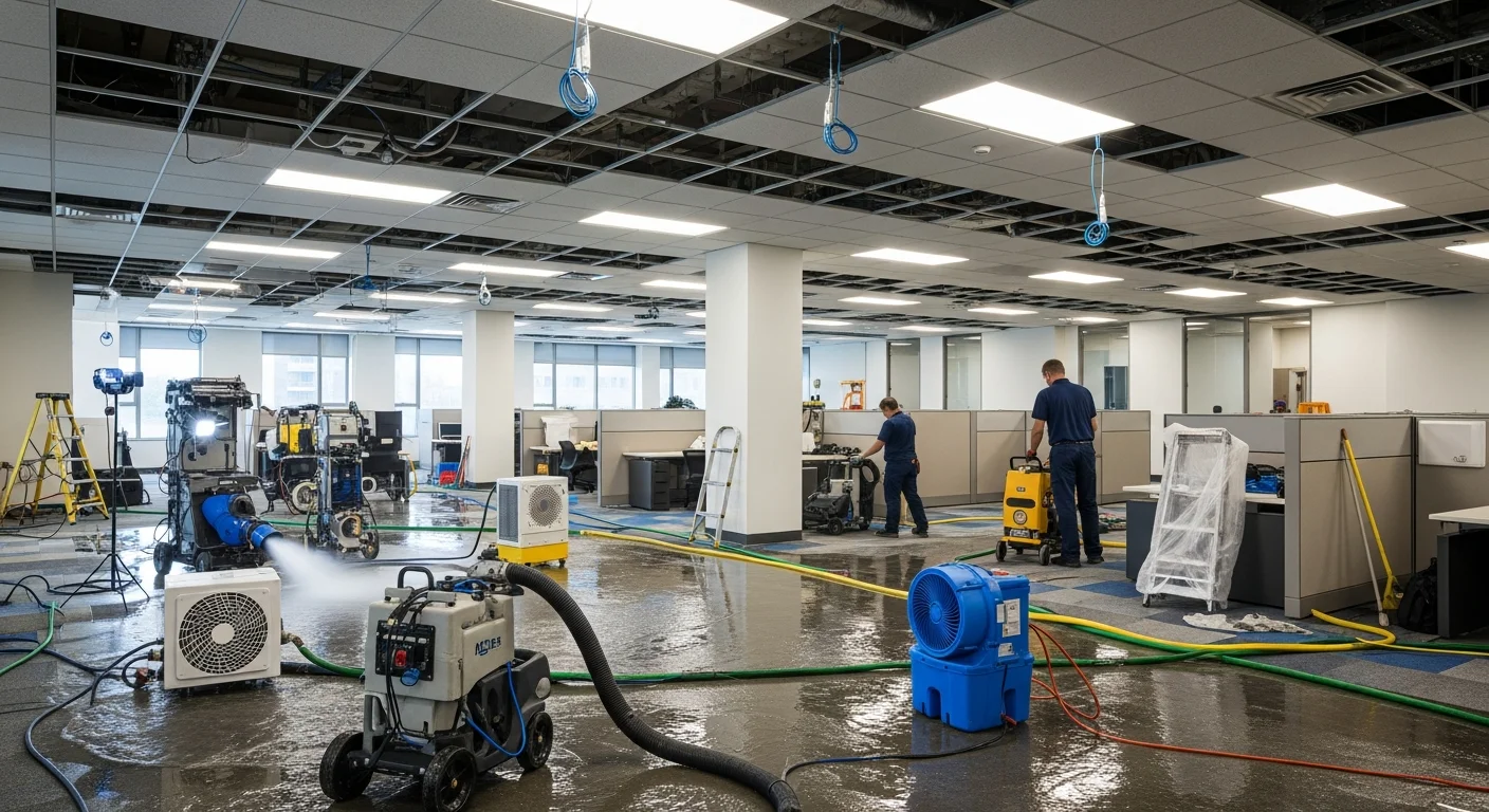 Palm Build commercial restoration team responding to a commercial property in Indian Trail NC with industrial drying equipment and service vehicles