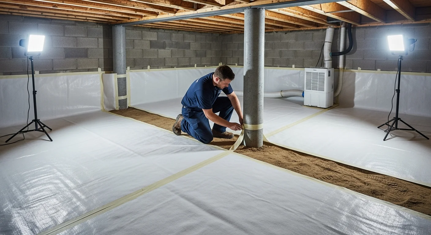 Completed crawl space encapsulation in an Indian Trail NC home showing heavy-duty reinforced vapor barrier sealed to foundation walls with commercial dehumidifier installed