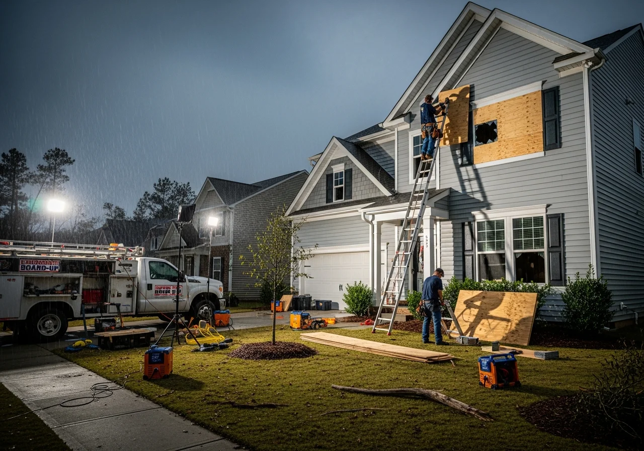 Emergency board-up service on a storm-damaged Indian Trail NC home