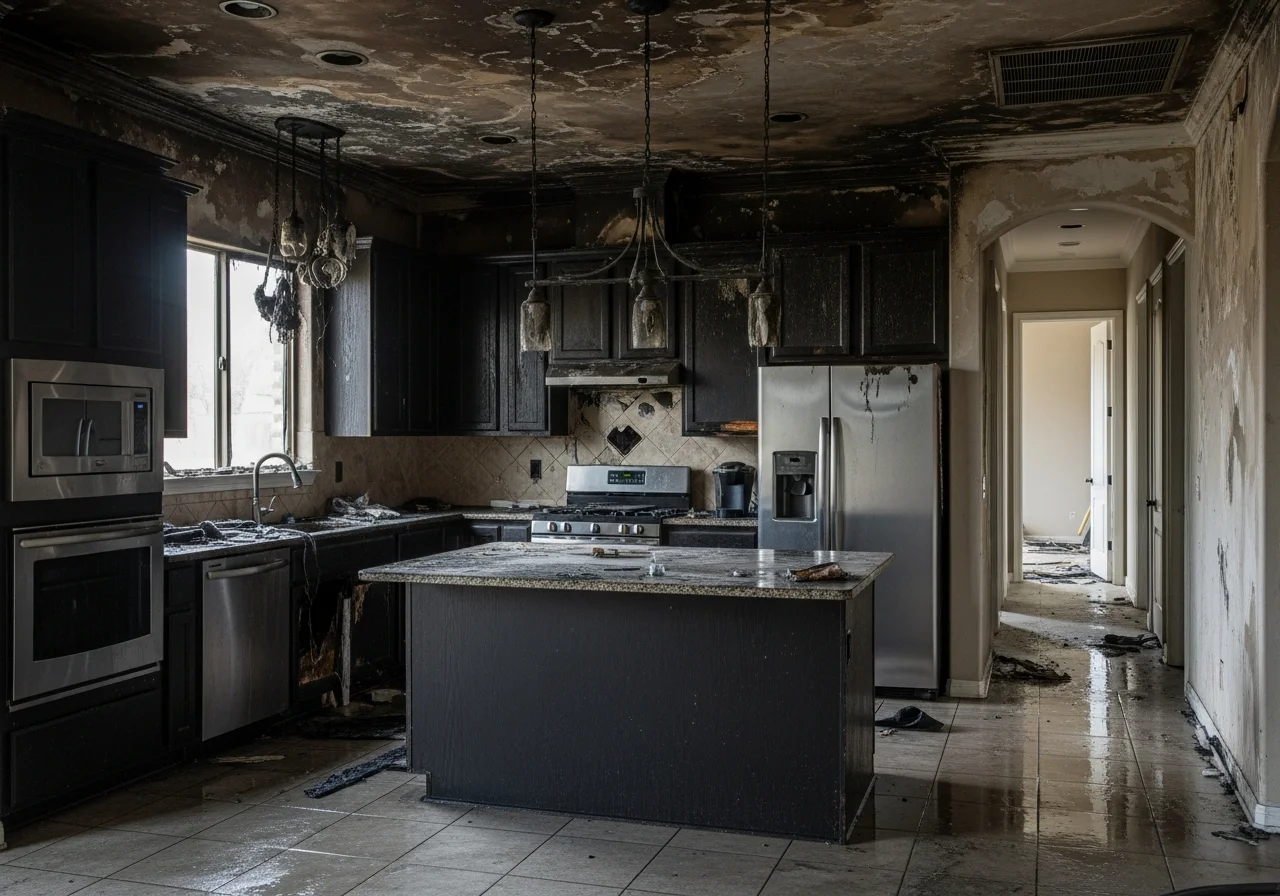 Fire and smoke damage in an Indian Trail NC kitchen showing charred cabinets, melted fixtures, and soot residue on walls and countertops