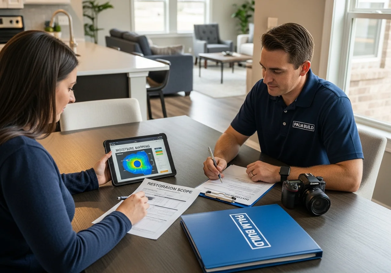 Palm Build technician reviewing insurance documentation with Indian Trail NC homeowner