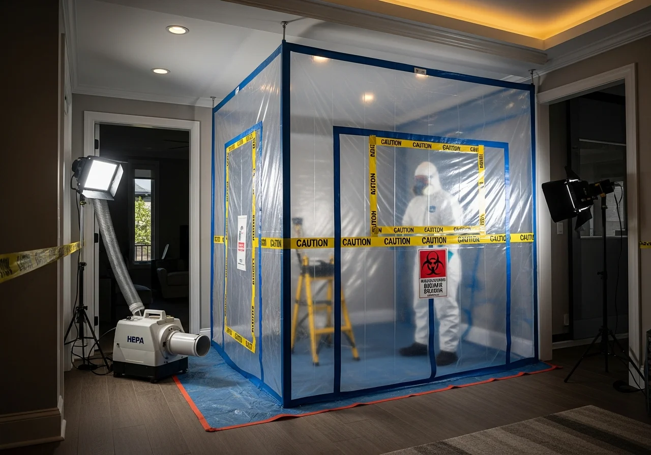 Palm Build mold containment setup in an Indian Trail North Carolina home showing poly sheeting barriers and negative air pressure equipment for professional mold remediation